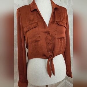 Urban Outfitters Satin Tie Front Blouse Rust Long Sleeve Crop Top Button Up